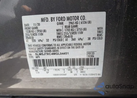 2021 Lincoln Aviator Reserve z USA, uszkodzony, nr VIN 5LM5J7XC4MGL04451